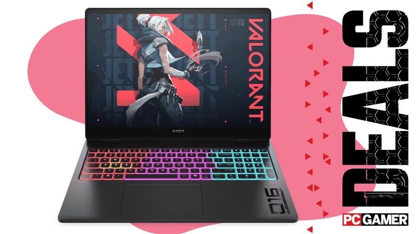 An HP Omen Max 16 RTX 5080 gaming laptop on a pink and white background