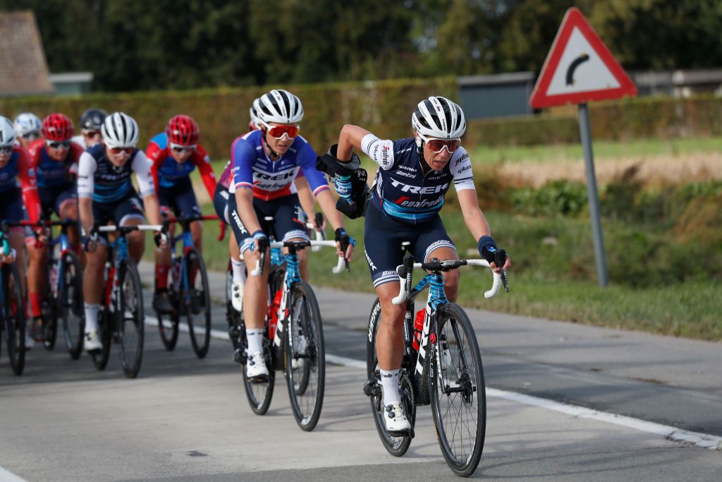 WEVELGEM BELGIUM OCTOBER 11 Trixi Worrack of Germany and Team Trek Segafredo Audrey CordonRagot of France and Team Trek Segafredo during the 9th GentWevelgem In Flanders Fields 2020 Women Elite a 1414km race from Ieper to Wevelgem GentWevelgem FlandersClassic on October 11 2020 in Wevelgem Belgium Photo by Bas CzerwinskiGetty Images