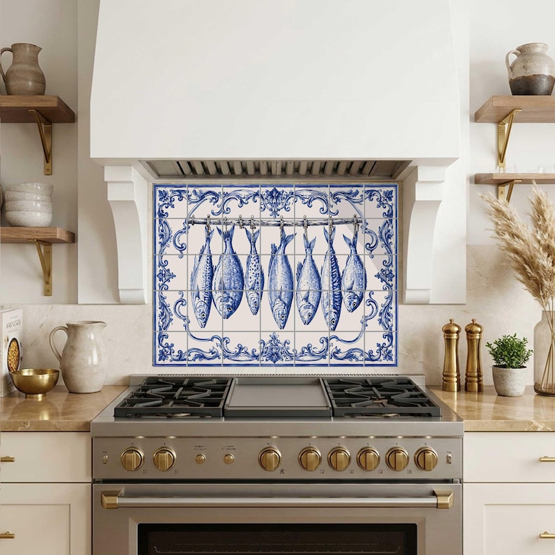 Coastal Fish Tile Mural With Traditional Blue Portuguese Seafood Illustration