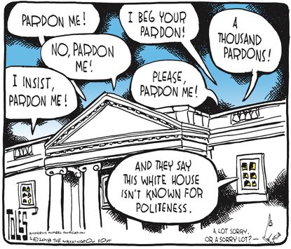 Political cartoon U.S. Trump White House scandals pardon