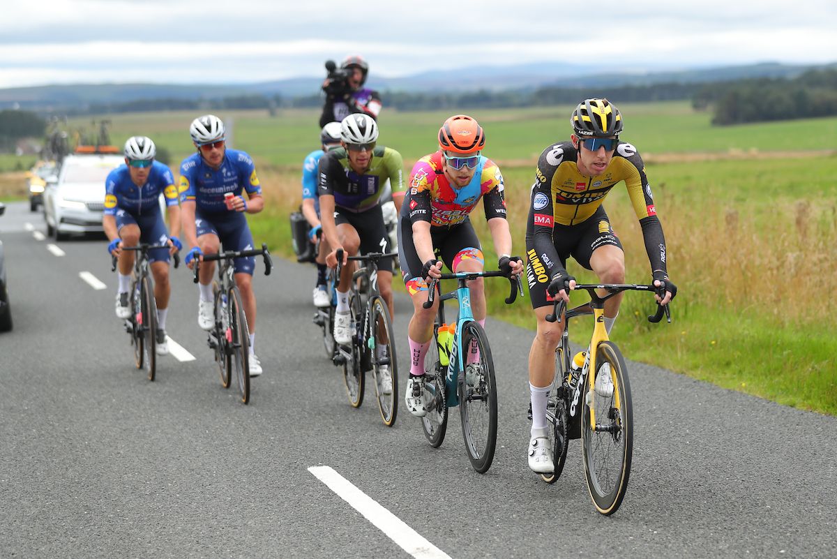 Picture by SWpixcom 11092021 Cycling AJ Bell Tour of Britain Stage 7 Hawick to Edinburgh Scotland Pascal Eenkhoorn of Jumbo Visma leads the breakaway