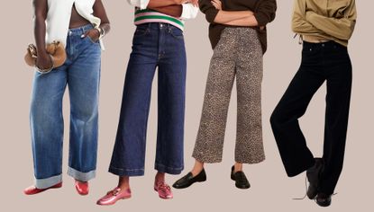 Header image of 4 women wearing wide leg jeans 