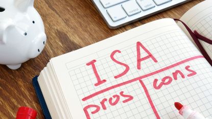 piggy bank with notebook outlining ISA pros and cons