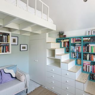 room with mezzanine and storage steps