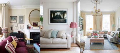 Three examples of, should a sofa be lighter or darker than walls. Plum sofa in cozy living room. Light gray sofa in small neutral living room. Gray corner sofa in large, bright living room.