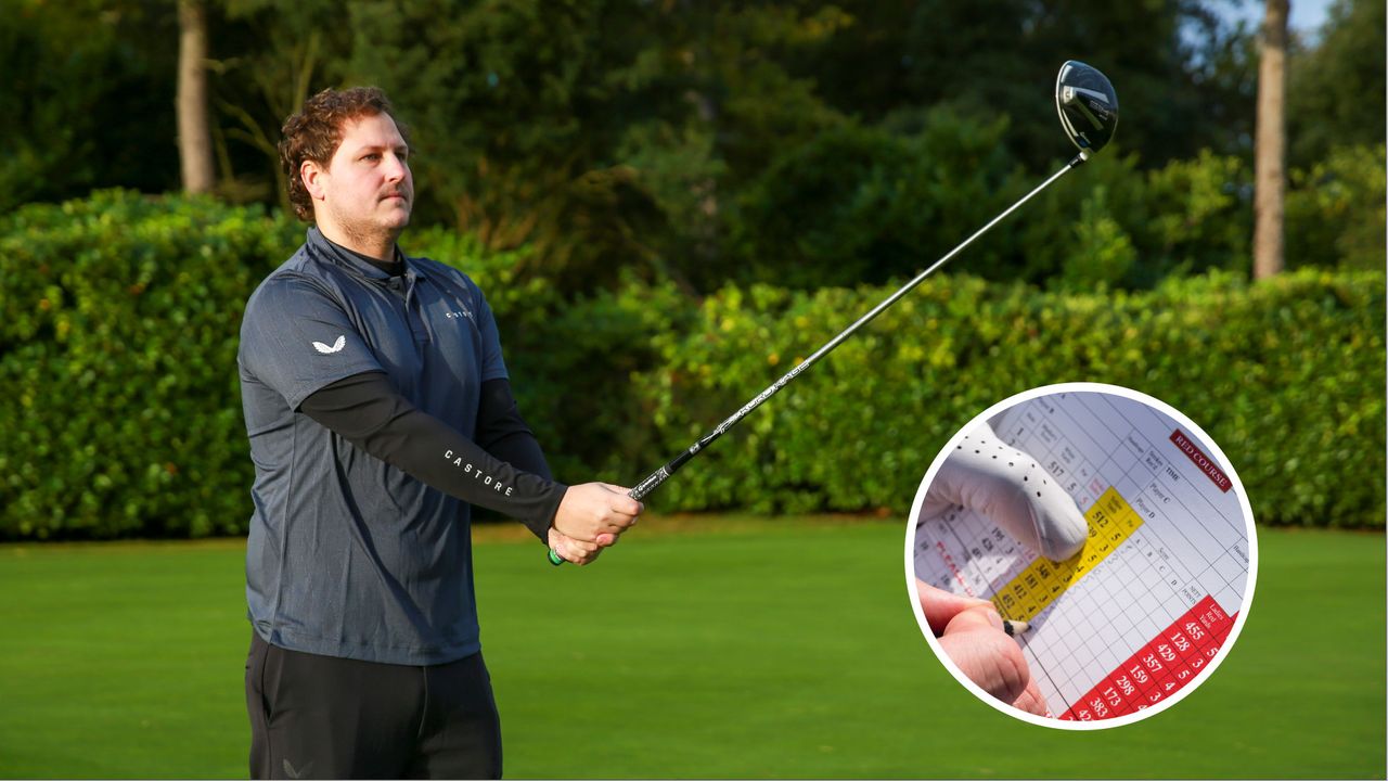 Nick Bonfield on the golf course visualising a drive with an inset of a scorecard