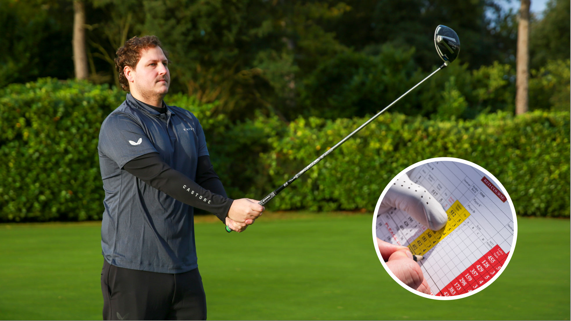 Nick Bonfield on the golf course visualising a drive with an inset of a scorecard