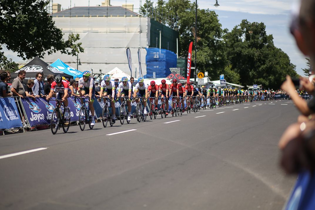 The peloton line out at the 2016 Bay Crits