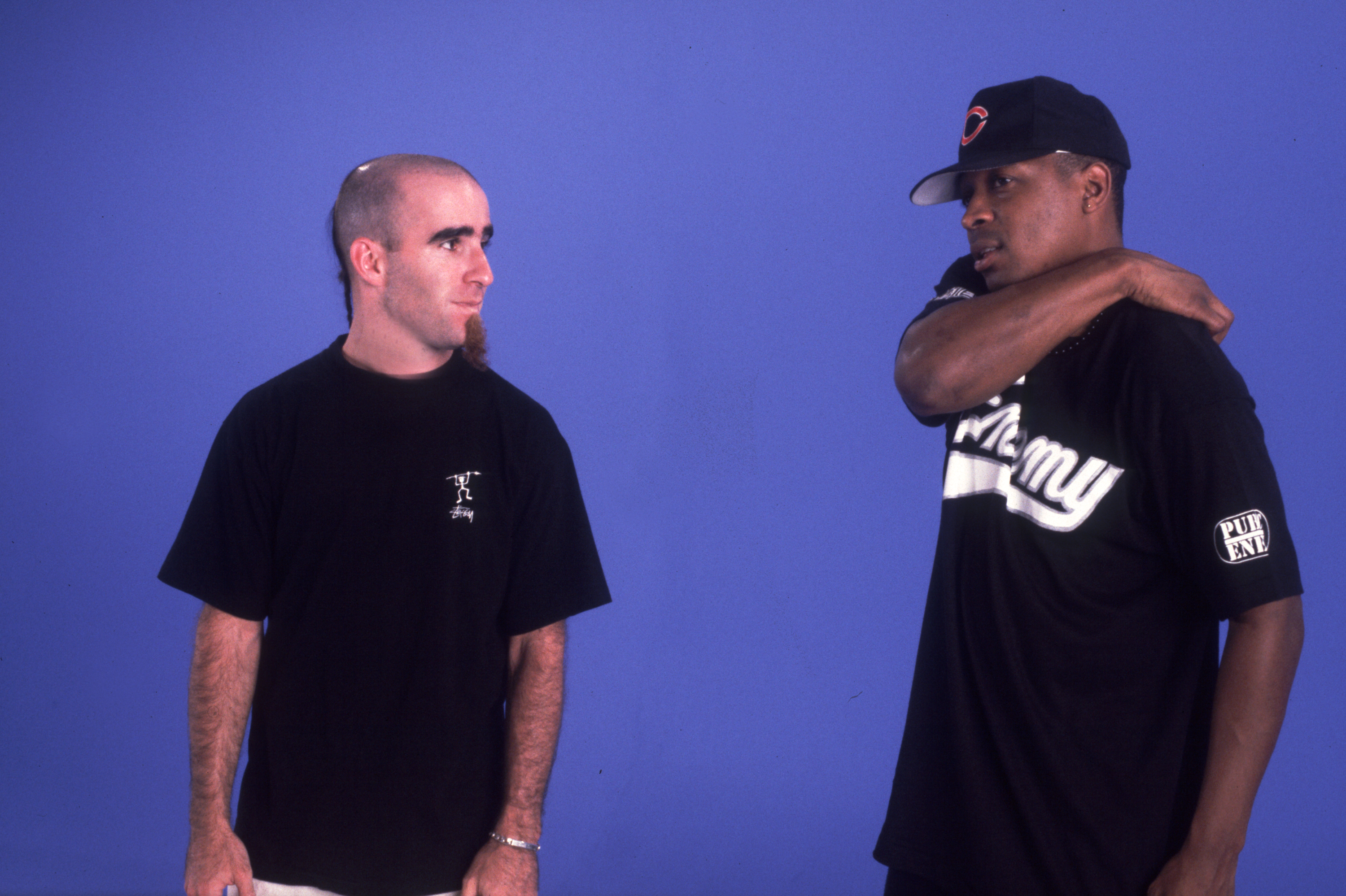 Members of Anthrax and Public Enemy filming the video for Bring The Noise