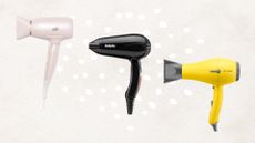 Collage of 3 of the best travel hair dryers featured in this guide from (L&ndash;R) T3, BaByliss and Drybar, set against a beige background with white polka dot detail