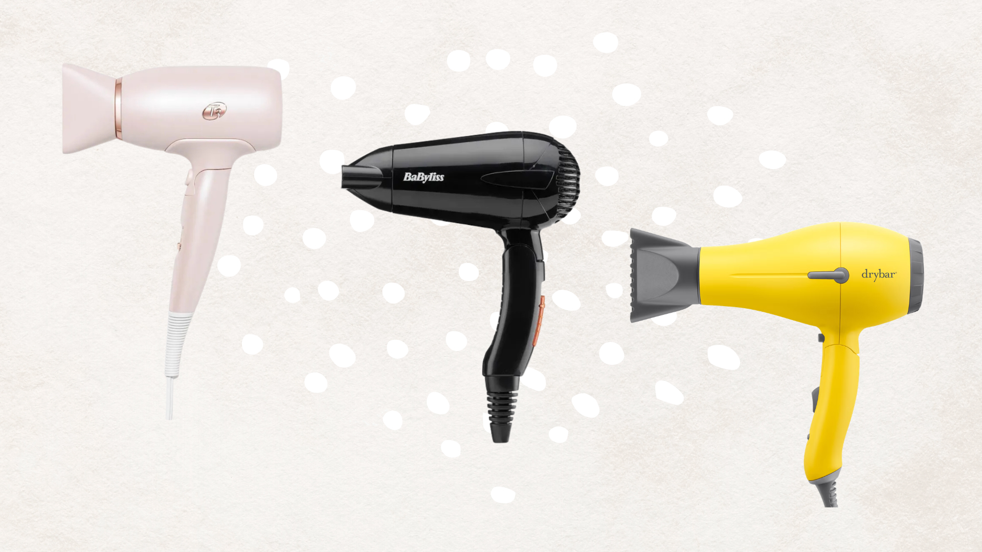 Collage of 3 of the best travel hair dryers featured in this guide from (L&ndash;R) T3, BaByliss and Drybar, set against a beige background with white polka dot detail