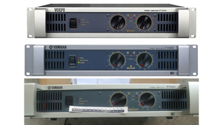 A Voxpu power amplifier (top) offered on Soundpu's website. A real Yamaha P3500S amplifier (centre) and the counterfeit P3500S  (bottom) seized at Soundpu's factory in China.