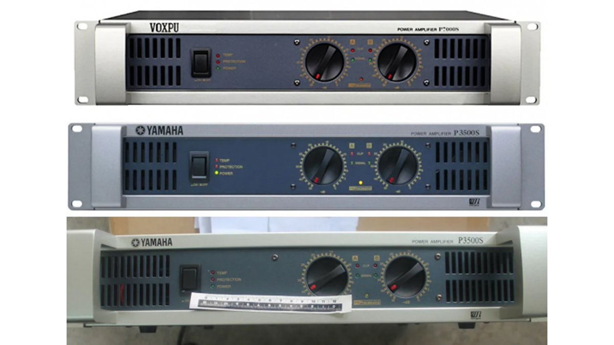 A Voxpu power amplifier (top) offered on Soundpu's website. A real Yamaha P3500S amplifier (centre) and the counterfeit P3500S  (bottom) seized at Soundpu's factory in China.
