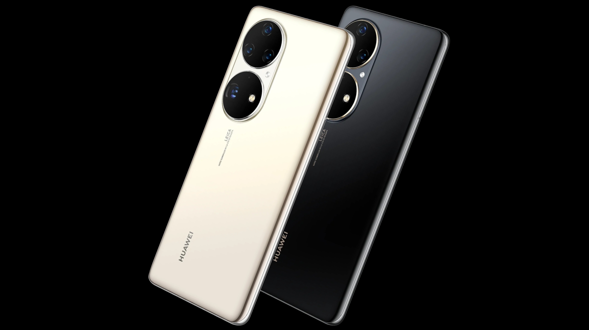 Two Huawei P50 Pro models from the back, against a black background