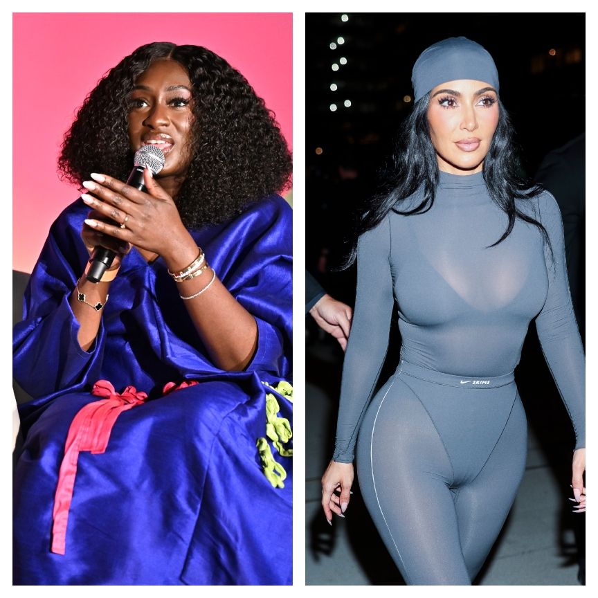 a split image of two women, one in a bright blue dress, the other in a gray bodysuit