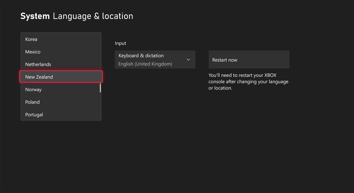 Xbox Series X dashboard screenshot showing steps through Settings to change region