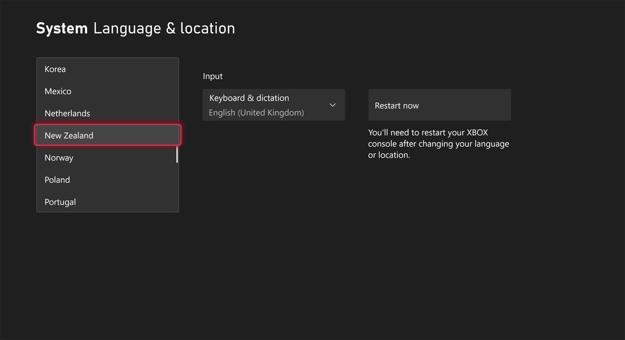 Xbox Series X dashboard screenshot showing steps through Settings to change region