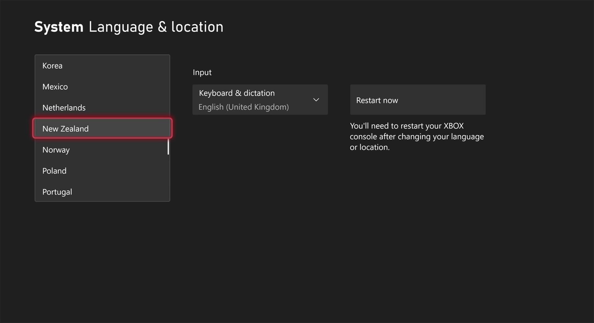 Xbox Series X dashboard screenshot showing steps through Settings to change region