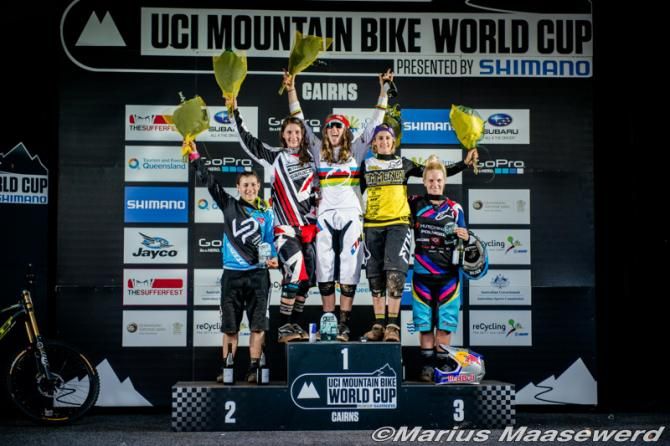 Women podium: Emmeline Ragot, Manon Carpenter, Rachel Atherton, Myriam Nicole, Tracey Hannah