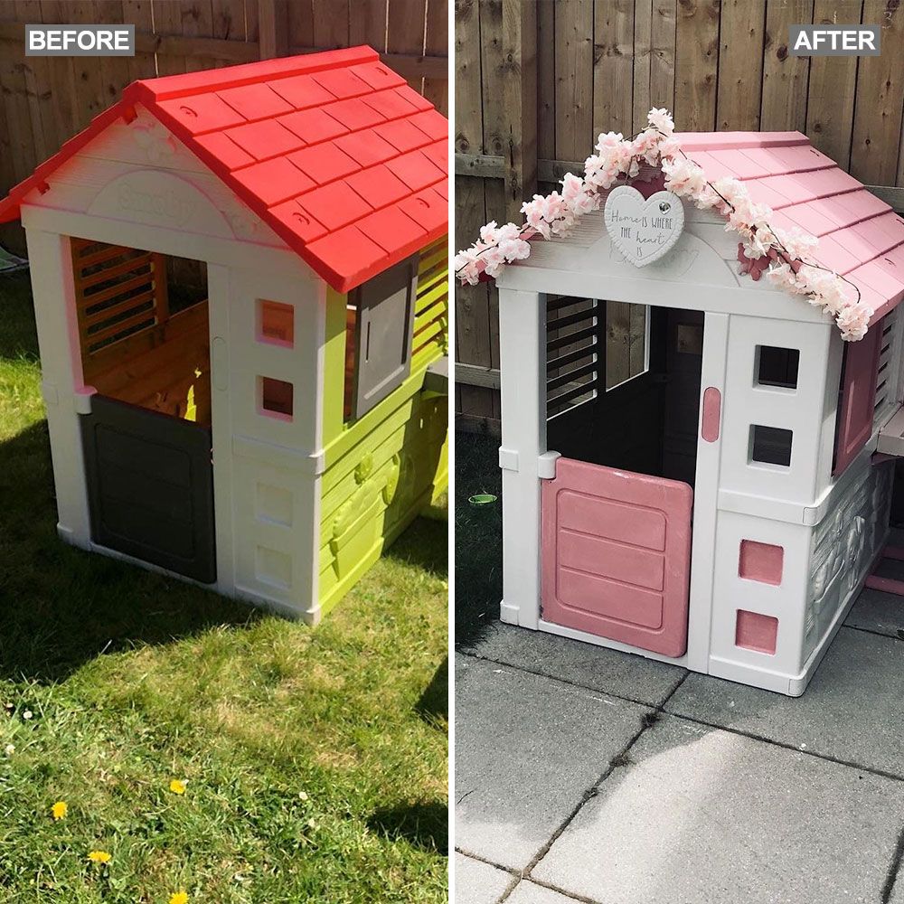 DIY fan shows how to transform an old plastic playhouse with a tin of paint