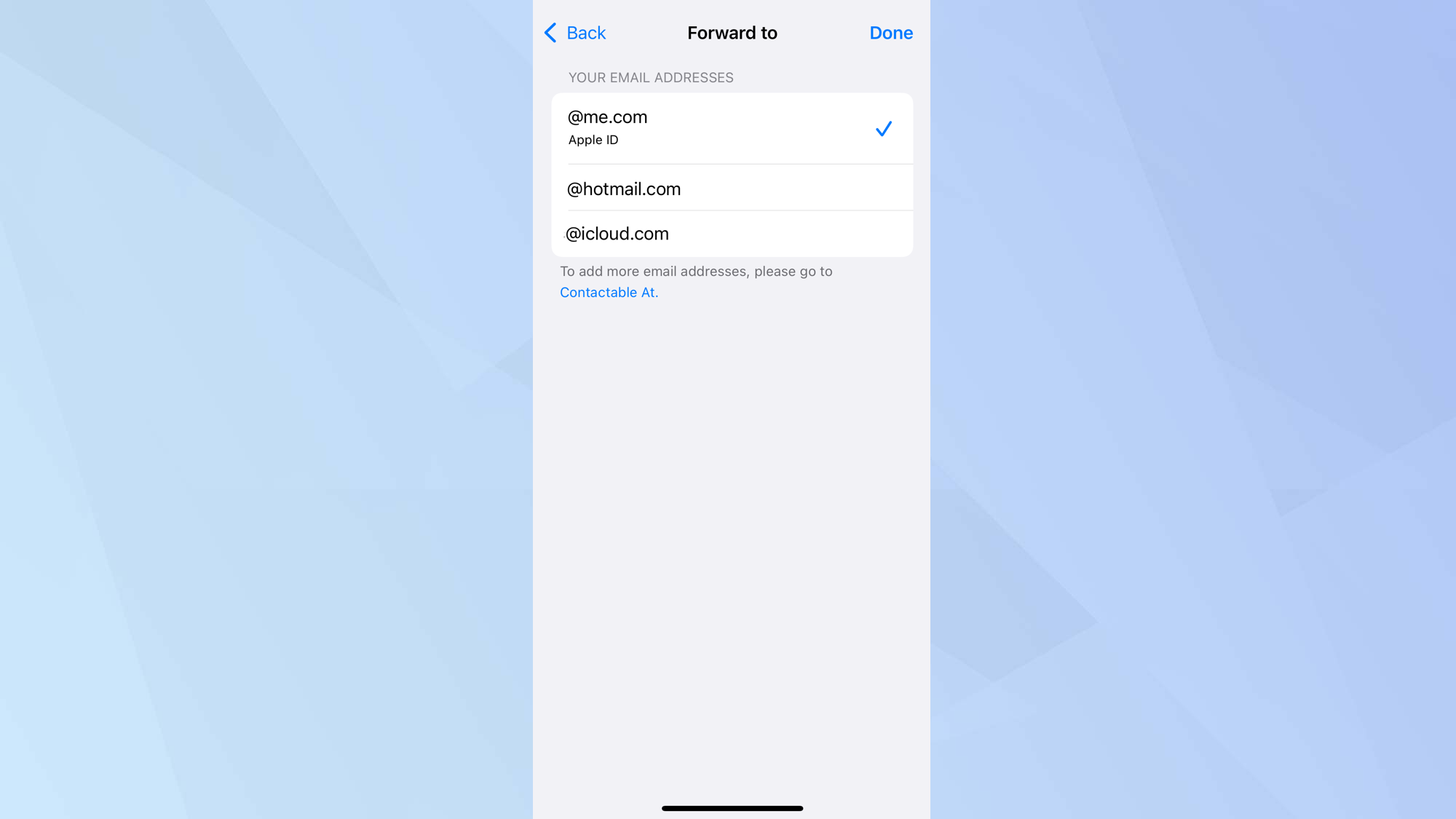 iOS iCloud app with forward to options for email in view