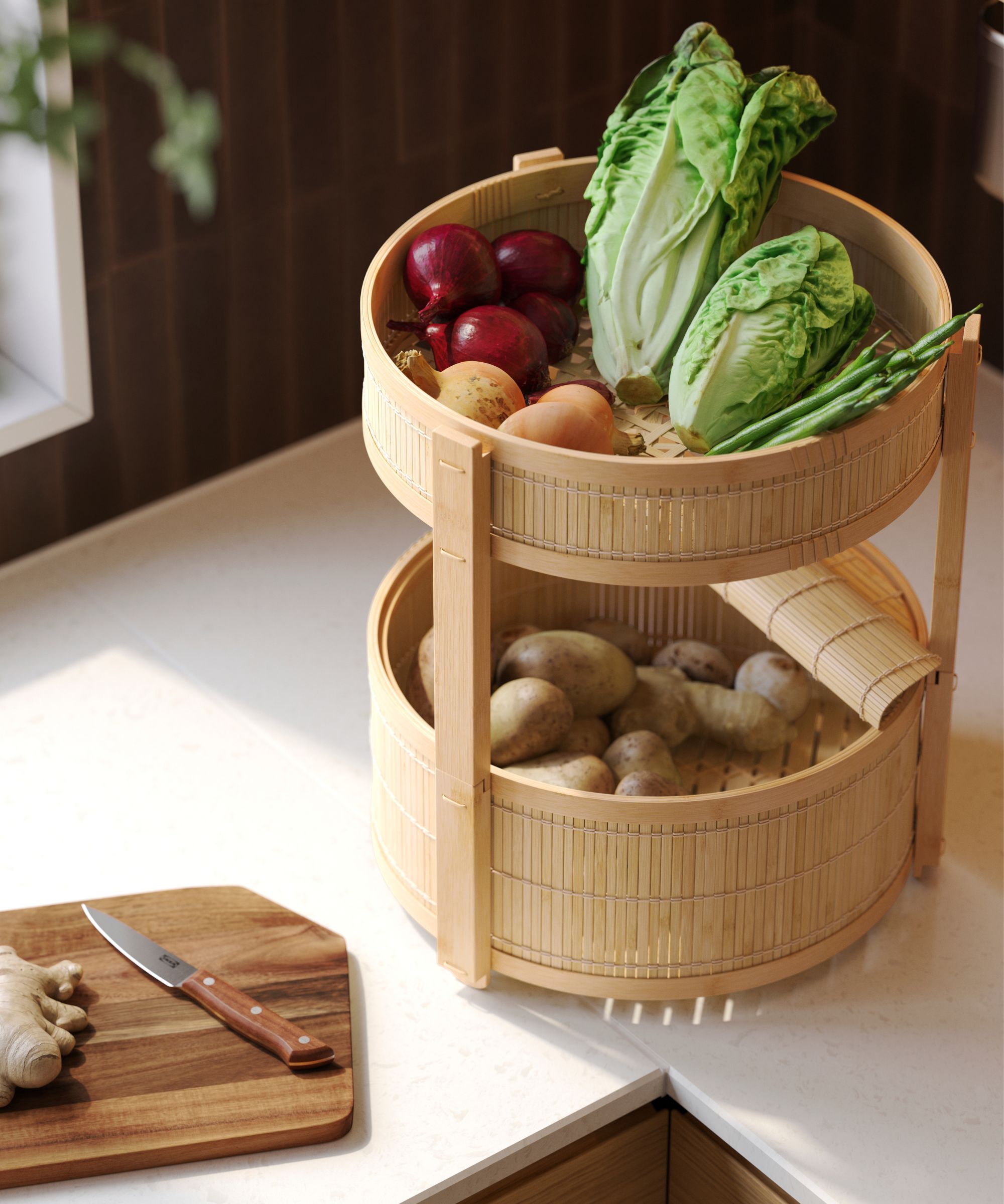 IKEA's Tiered Bamboo Basket Mimics a Dedicated Produce Drawer, but Without Having to Sacrifice So Much Space — Plus, It Looks Good