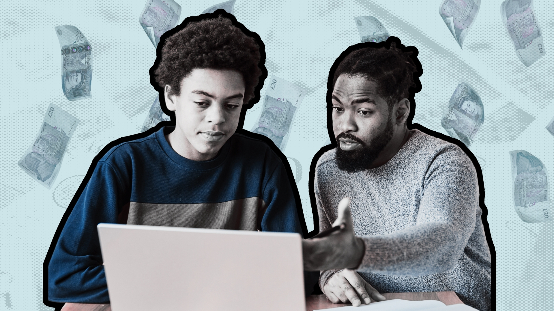 Father helping son on computer looking at Child Trust Fund