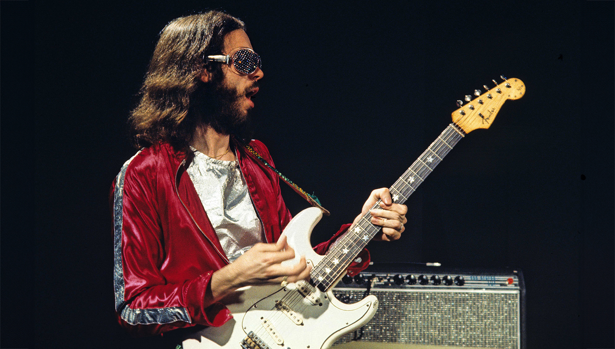 Manzanera plays a Fender Stratocaster while performing with Roxy Music at the Royal College of Art video studio, in London, July 5 1972.