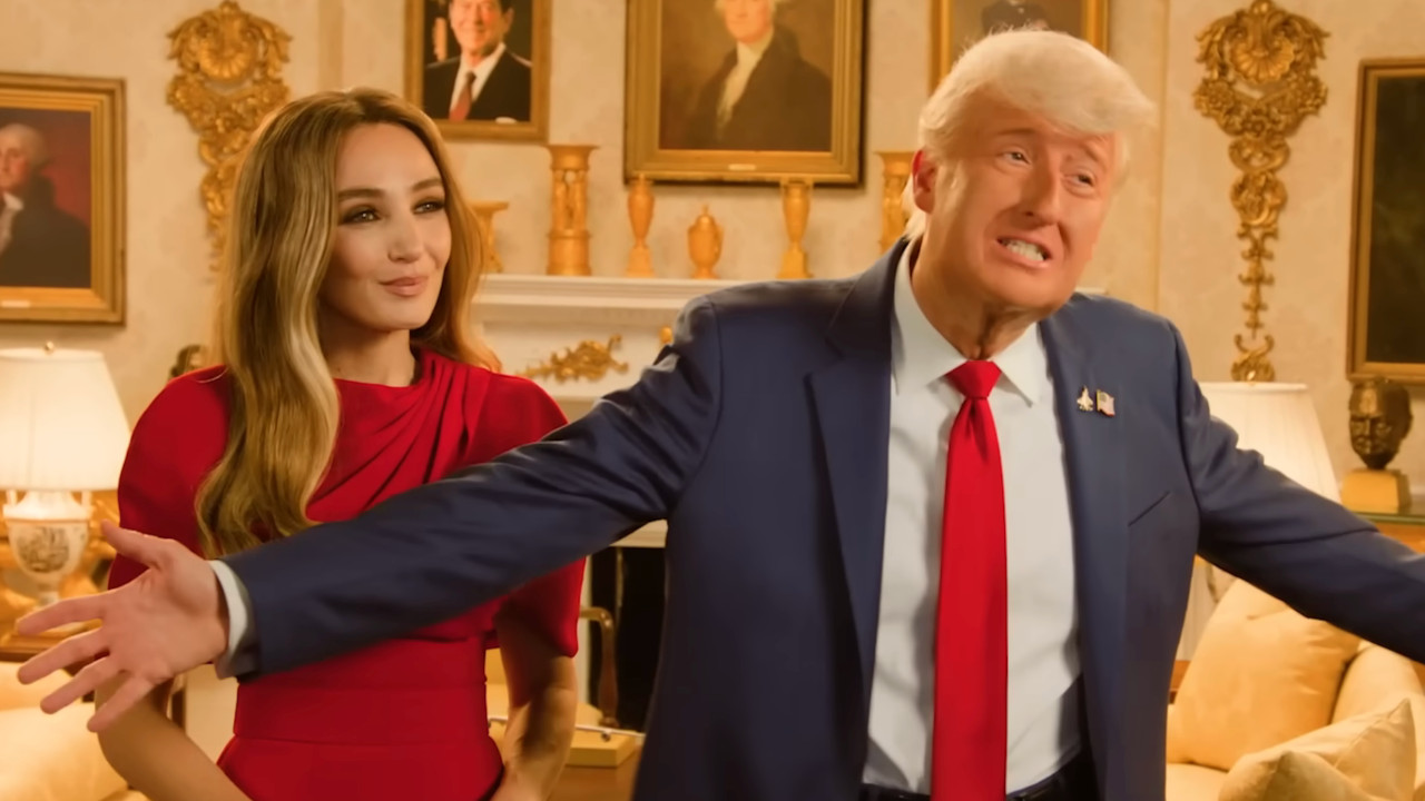James Austin Johnson dressed as Donald Trump excitedly talks while Chloe Fineman, dressed as Melania stands by.