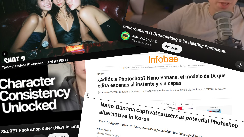 A selection of media headlines and YouTube videos about Nano Banana AI image generator