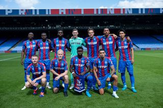 Crystal Palace squad for 2024/25 LONDON, ENGLAND - AUGUST 11: Crystal Palace team photo (L-R) Ebere Eze, Tyrick Mitchell, Odsonne Edouard, Dean Henderson, Joachim Andersen, Chris Richards, Daichi Kamada, Adam Wharton, Will Hughes, Marc Guehi , Daniel Munoz during Pre-Season Friendly match between Crystal Palace and FC Nantes at Selhurst Park on August 11, 2024 in London, England. (Photo by Sebastian Frej/MB Media/Getty Images)