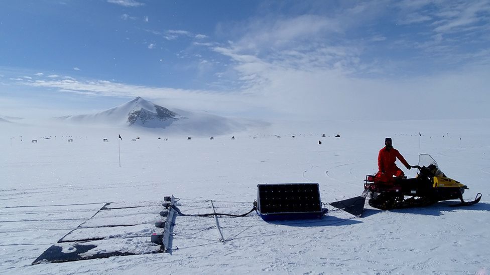 The scientists on the expedition hope that two specialized arrays of metal detectors, towed by snowmobiles, will reveal iron meteorites from the early solar system just below the icy surface.