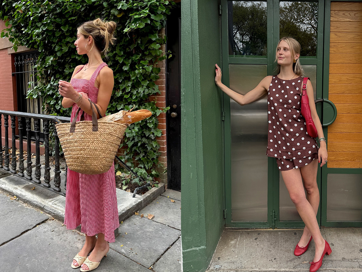 The woman on the left was wearing a red and white checkered man suspender dress and a large straw bag. The woman on the right is wearing a brown dot with a red shoulder bag and a red ballet pump.