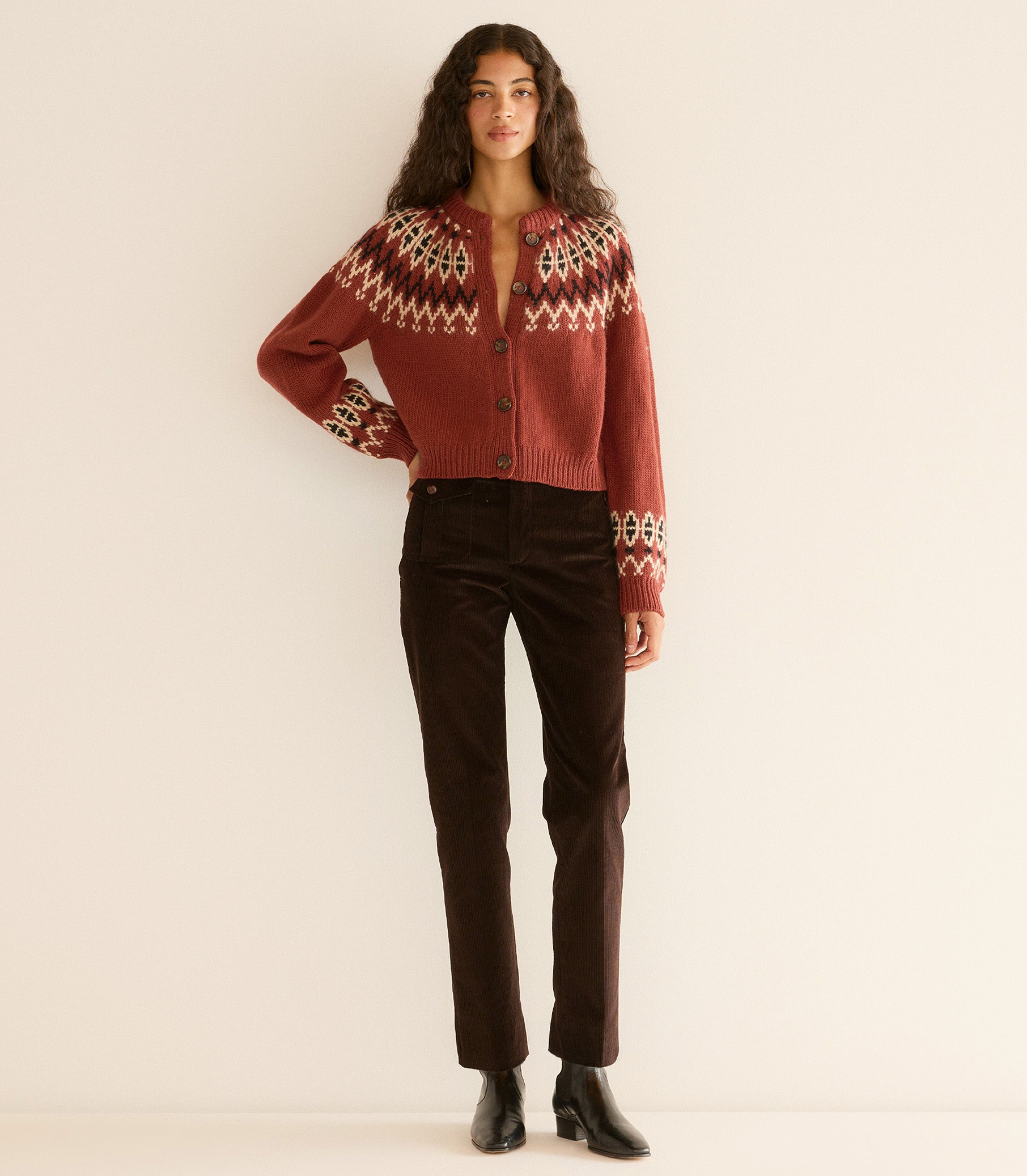 Clarke Cardigan -- Burgundy Olympia Fair Isle
