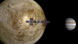 Artist's impression of the European JUICE probe flying by Jupiter's moon Europa.