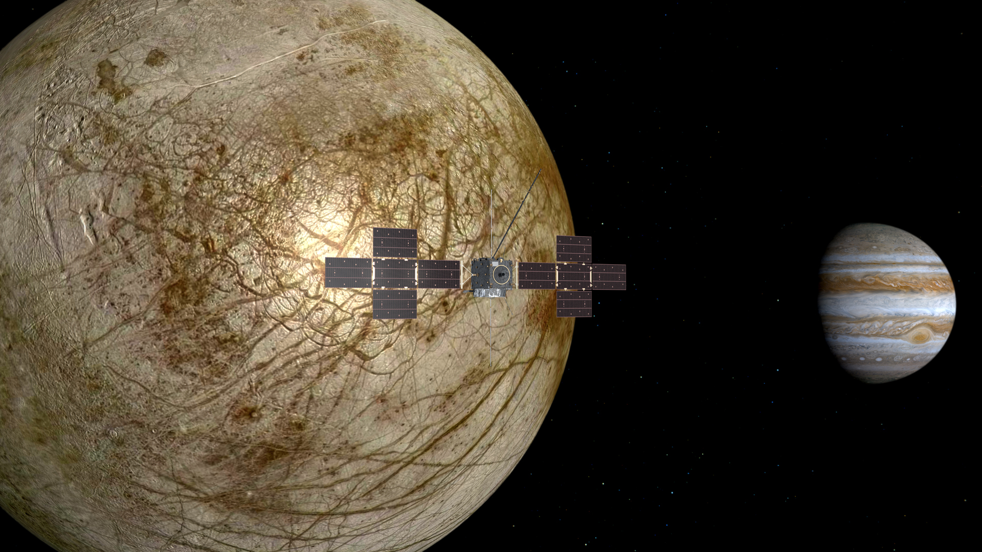 Artist's illustration shows the JUICE spacecraft in the foreground, the scarred surface of Europa is behind and Jupiter is off to the distance on the right side of the image.