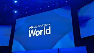 Dell Technologies World 2023 logo displayed on a large screen above the main keynote stage at the annual event