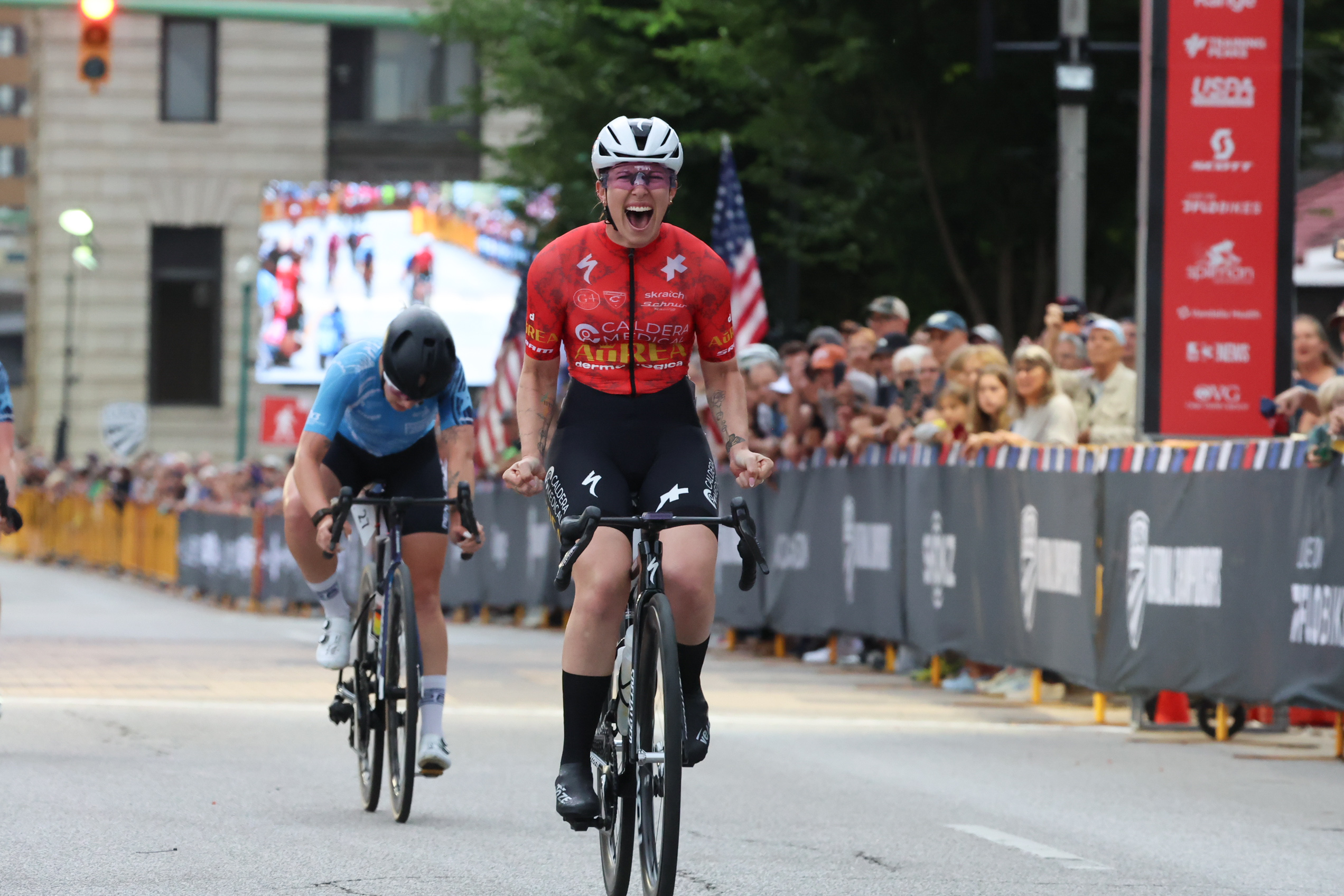 Kendall Ryan (Caldera Medical x Aurea Racing) celebrates taking the win at the US Pro Elite Women's Criterium in 2026