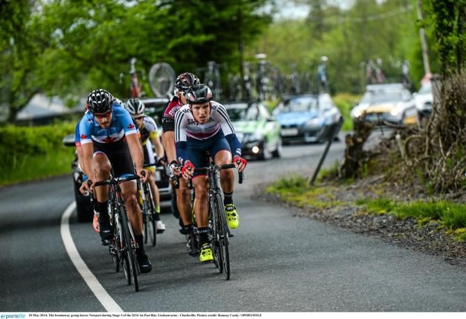 The breakaway group leaves Newport during Stage 3