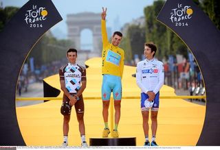Italian Vincenzo Nibali was flanked by Frenchmen Jean-Christophe Peraud and Thibaut Pinot on the 2014 Tour de France podium.