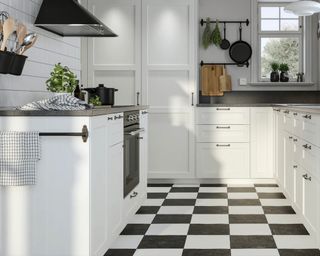 checkerboard floor in white kitchen