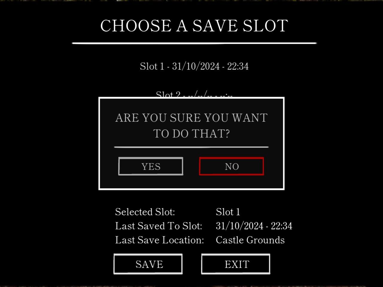 Save game screen in Labyrinth of the Demon King with ominous message "Are you sure you want to do that?"