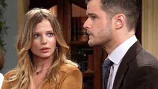 Allison Lanier and Michael Mealor as Summer and Kyle in a tense moment in The Young and the Restless