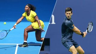 Serena Williams (L) and Novak Djokovic perform in the US Open