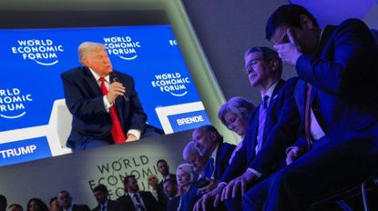 DAVOS, SWITZERLAND - JANUARY 21: Members of President Donald Trump's cabinet, including Energy Secretary Chris Wright, Commerce Secretary Howard Lutnik, Chief of Staff Susie Wiles, Treasury Secretary Scott Bessent and Secretary of State Marco Rubio, listen to Trump address the World Economic Forum (WEF) in the Davos Congress Center on January 21, 2026 in Davos, Switzerland. The annual meeting of political and business leaders comes amid rising tensions between the United States and Europe over a range of issues, including Trump's vow to acquire Greenland, a semi-autonomous Danish territory. (Photo by Chip Somodevilla/Getty Images)