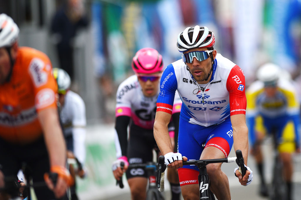 LE LUDE FRANCE APRIL 06 Thibaut Pinot of France and Team Groupama FDJ reacts after cross the finishing line during the 68th Circuit Cycliste Sarthe Pays de la Loire 2022 Stage 2 a 1747km stage from Le Lude to Le Lude CircuitSarthe on April 06 2022 in Le Lude France Photo by Dario BelingheriGetty Images