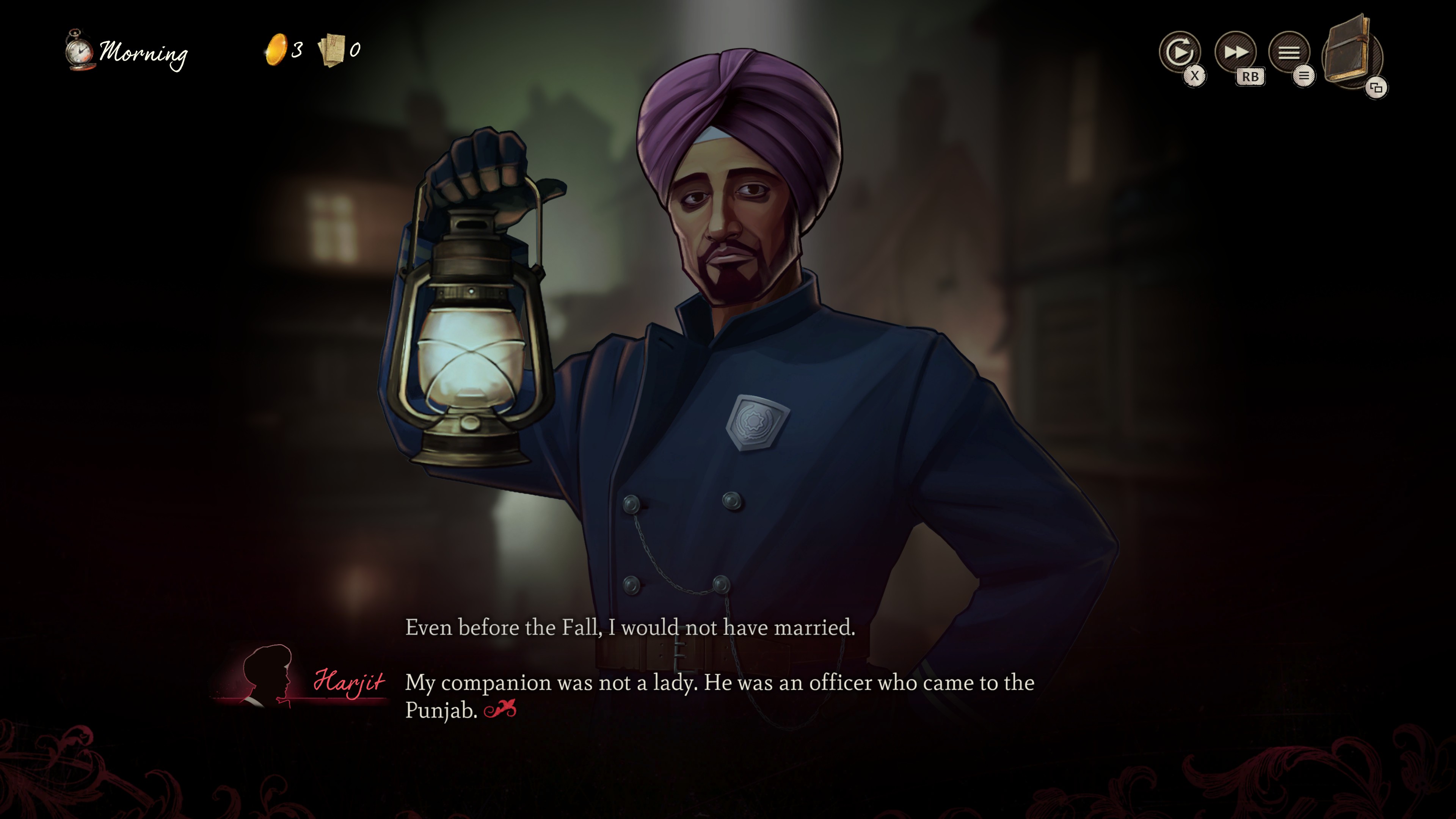 A chat with Harjit, an Indian police constable, in Mask of the Rose.