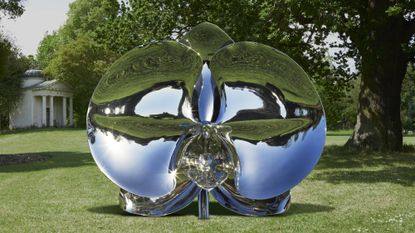A shiny stainless steel sculpture from Light Into Life, called (Photosynthetic Form), 2024, polished stainless steel, by Marc Quinn