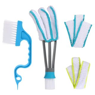 A cleaning kit with a blind duster, flexible brush, and microfiber pad kit. 