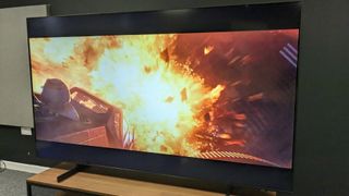 Samsung CU8000 with explosion from Star Wars The Force Awakens on screen